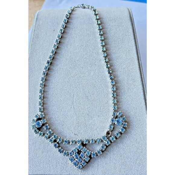 1950's Blue Rhinestone Mid Century Vintage Choker Necklace, Prom Formal Jewelry - Picture 3 of 12
